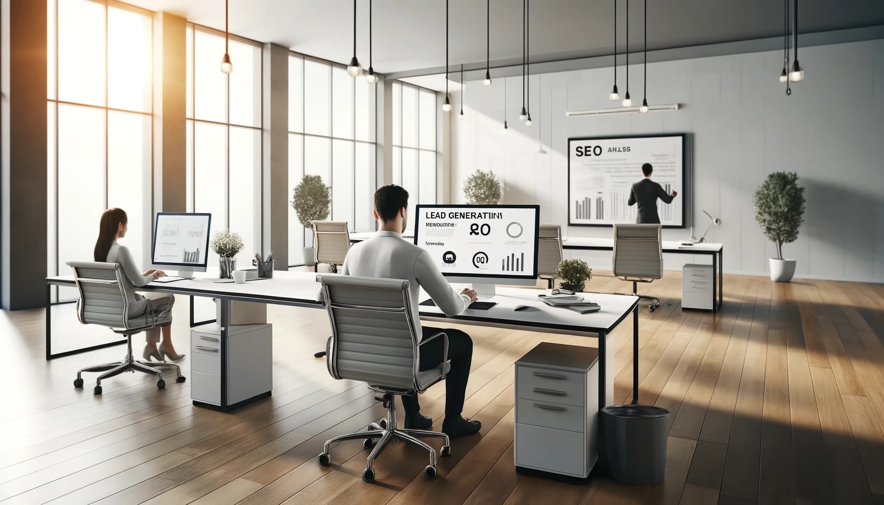 Ein modernes, minimalistisches Büro mit zwei Bereichen, in denen Strategien zur Lead-Generierung umgesetzt werden. Ein Bereich zeigt eine Person, die an einem aufgeräumten Schreibtisch sitzt und an Inbound Marketing mit SEO-Analysen auf einem Computer arbeitet, während im anderen Bereich eine Person E-Mail Marketing betreibt.